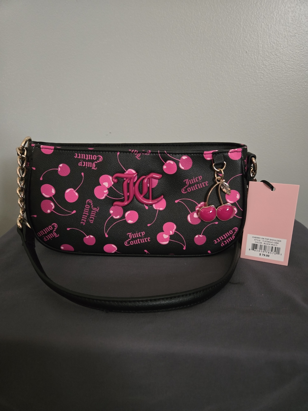 Juicy Couture Black & Hot Pink Cherry Logo Shoulder Bag